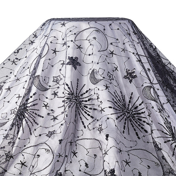 

PandaHall Sequin Star Moon Pattern Embroidered Polyester Mesh Fabrics, for DIY Sewing Dress, Black, 125~130x0.1cm Polyester Flat Black