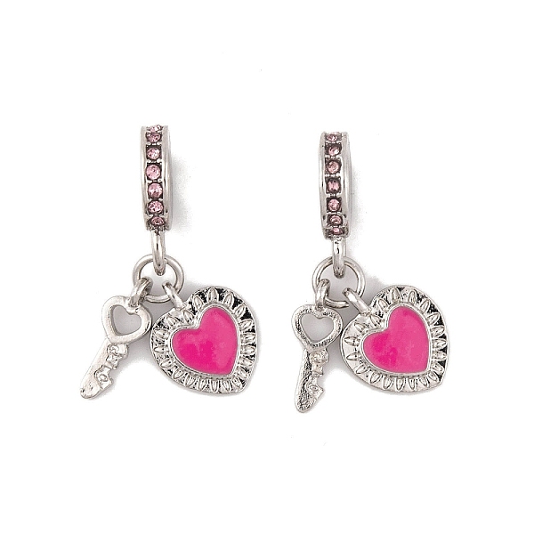

PandaHall Rack Plating Alloy Light Rose Rhinestone European Dangle Charms, Key & Heart Large Hole Pendants with Enamel, Platinum, Deep Pink...
