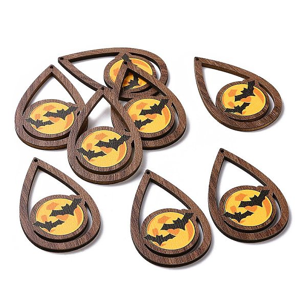 

PandaHall Halloween Theme Single Face Printed Aspen Wood Big Pendants, Teardrop Charm, Bat Pattern, 54.5x34x2.5mm, Hole: 1.6mm Wood Bat Gold