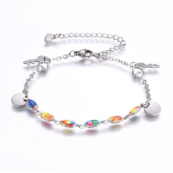 

PandaHall 304 Stainless Steel Charm Bracelets, with Lobster Claw Clasps and Enamel, Key and Flat Round, Stainless Steel Color, 7-1/8 inch...