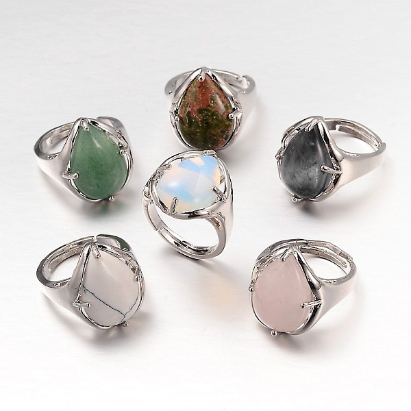

PandaHall Teardrop Platinum Tone Brass Gemstone Adjustable Wide Band Rings, Natural & Synthetic Mixed Stone, 18mm, Tray: 20x17mm Mixed Stone