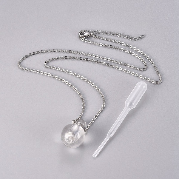 PandaHall Natural Quartz Crystal Openable Perfume Bottle Pendant Necklaces, with Stainless Steel Cable Chain and Plastic Dropper, Round...