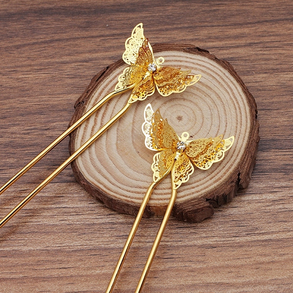 

PandaHall Brass Hair Fork Findings, with Butterfly Filigree Findings, Golden, 135x35x6.5mm Brass