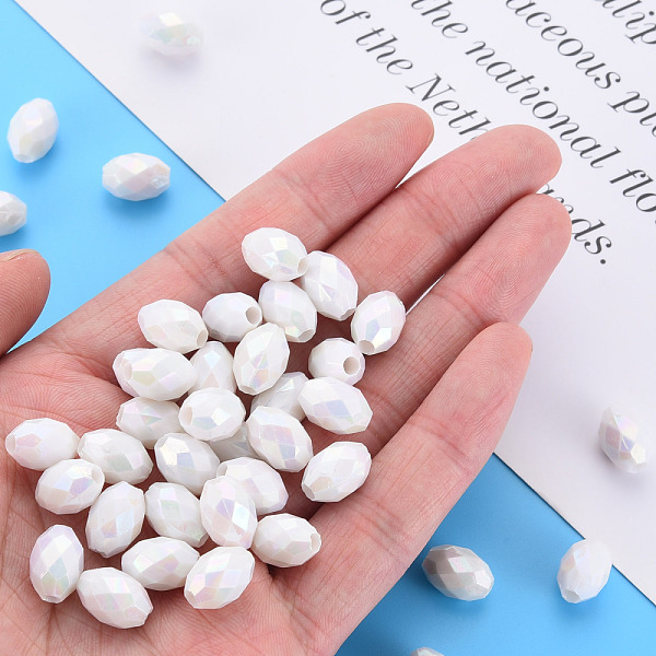

PandaHall Opaque Acrylic Beads, Dyed, AB Color, Faceted, Oval, White, 12x8mm, Hole: 2.5mm, about 1120pcs/500g Acrylic Oval White