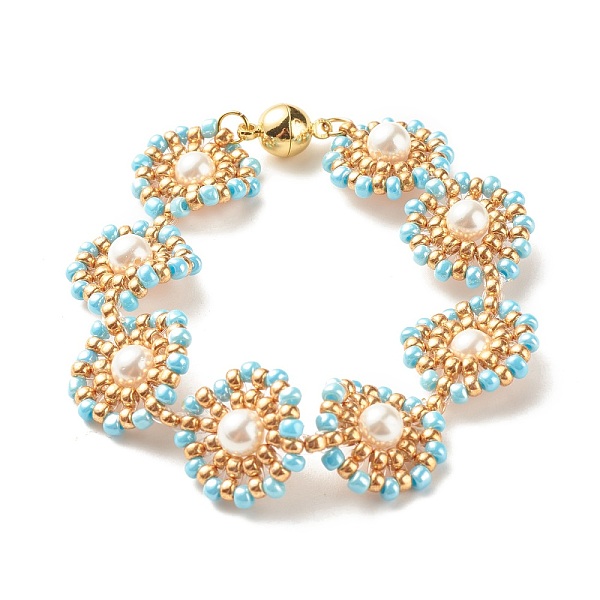 

PandaHall Shell Pearl Flower Link Bracelet, Glass Seed Braided Bracelet with Brass Magnetic Clasp for Women, Golden, Light Cyan, 7-1/2 inch...