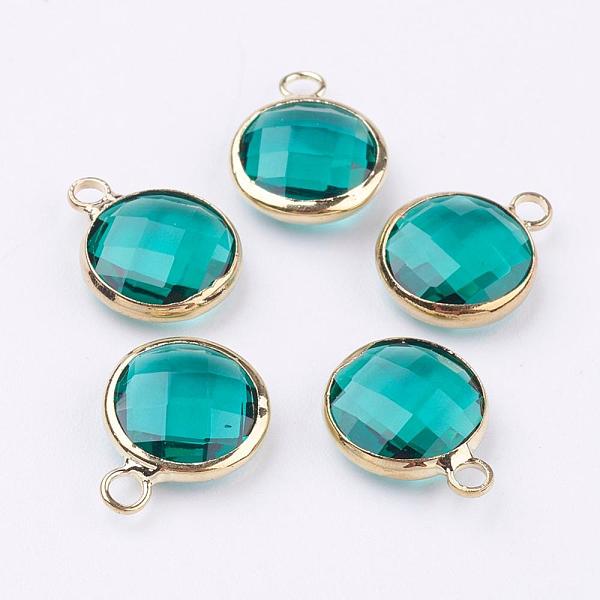 

PandaHall Golden Tone Brass Glass Flat Round Charms, Faceted, Dark Cyan, 14x10.5x5mm, Hole: 1.5mm Brass+Glass Flat Round Cyan