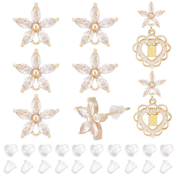 

PandaHall BENECREAT 8Pcs Real 18K Gold Plated Flower Shape Brass Cubic Zirconia Post Stud Earrings with 925 Silver Pin, Horizontal Loop and..., Clear