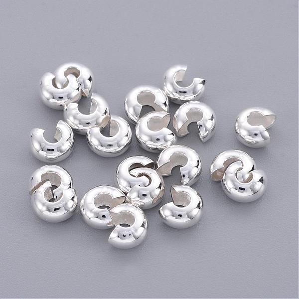 PandaHall Brass Crimp Beads Covers, Round, Silver Color, About 5mm In Diameter, 4mm Thick, Hole: 2mm Brass