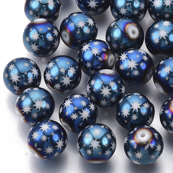 

PandaHall Christmas Electroplate Glass Beads, Round with Star Pattern, Blue Plated, 10mm, Hole: 1.2mm Glass Round