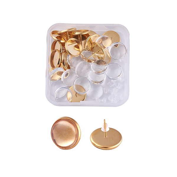 

PandaHall DIY Earring Making, 304 Stainless Steel Stud Earring Settings and Clear Glass Cabochons, Half Round, Golden, Earring Settings...
