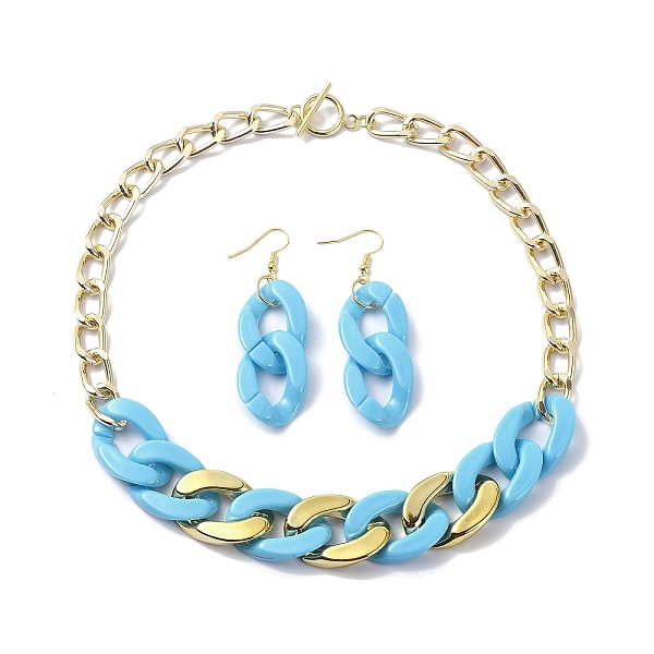 

PandaHall Acrylic Chains Jewelry Set, Curb Chian Necklace and Iron Dangle Earrings, Sky Blue, 430mm, 66x20.5mm Acrylic