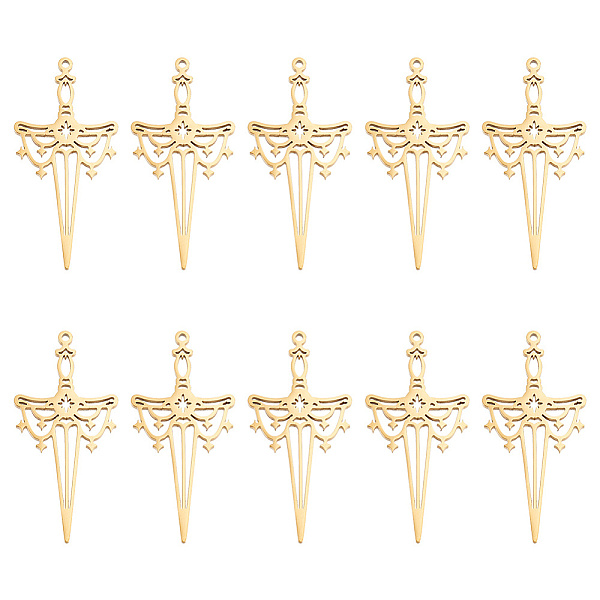 

PandaHall Unicraftale 10Pcs 201 Stainless Steel Pendant, Hollow Charms, Sword, Golden, 47x25x1.5mm, Hole: 1.4mm 201 Stainless Steel Others