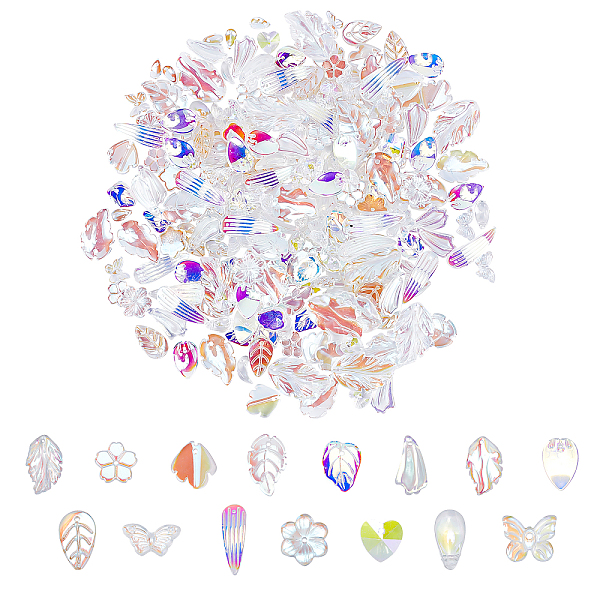 

PandaHall Transparent Glass Beads, AB Color Plated, Mixed Shapes, Clear AB, 240pcs/box Glass Mixed Shapes White