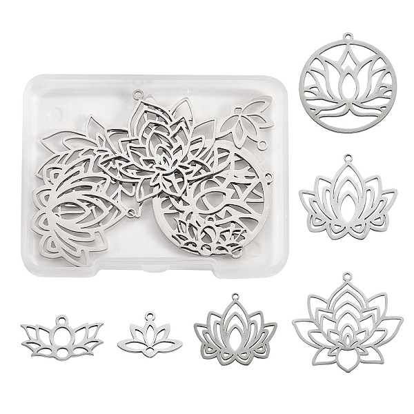 

PandaHall 12Pcs 6 Style 304 & 201 Stainless Steel Pendants, Laser Cut Pendants, Lotus, Stainless Steel Color, 11~32x18~33x1~1.5mm, Hole...