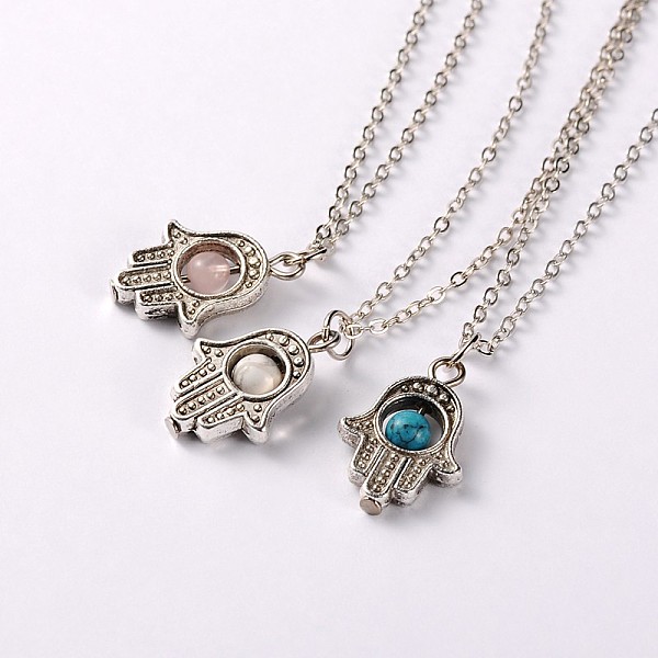 

PandaHall Tibetan Style Gemstone Palm Pendant Necklaces, with Brass Chains and Spring Ring Clasps, Antique Silver, Natural & Synthetic Mixed...
