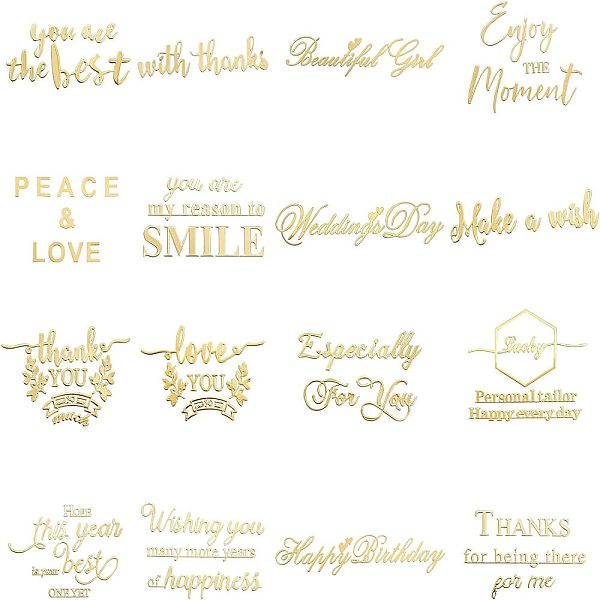 

PandaHall Olycraft Self Adhesive Brass Stickers, Scrapbooking Stickers, for Epoxy Resin Crafts, Word, Golden, 16pcs/set Brass Word