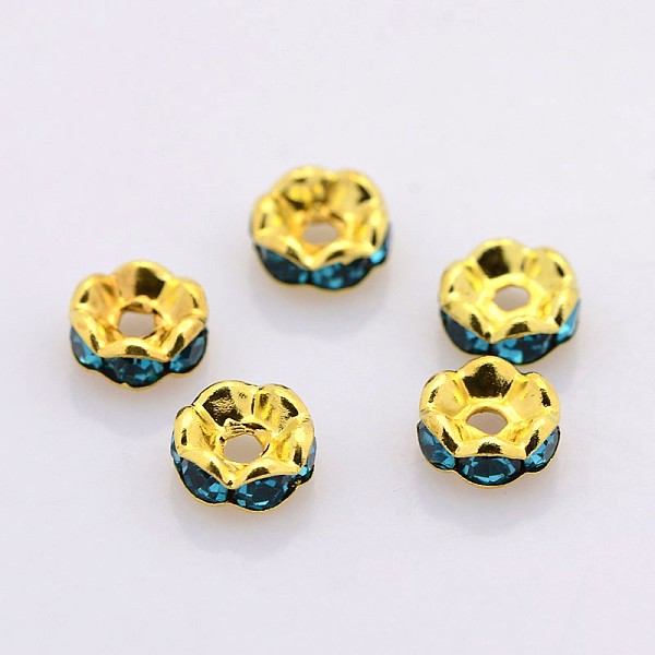 

PandaHall Brass Rhinestone Spacer Beads, Grade A, Wavy Edge, Golden Metal Color, Rondelle, Blue Zircon, 8x3.8mm, Hole: 1mm Brass+Rhinestone..., Cyan