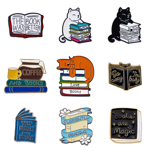 PandaHall HOBBIESAY 9Pcs 9 Style Cat & Book & Word Enamel Pins, Alloy Cartoon Badge for Backpack Clothes, Mixed Color, 18~30x15.5~27x1.5~2mm...