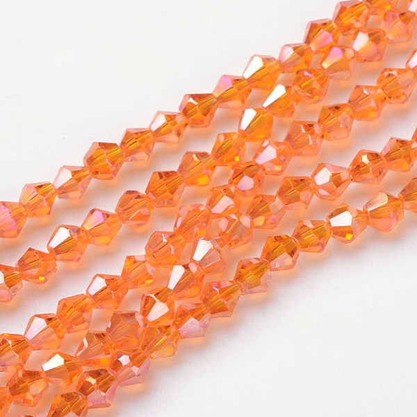 

PandaHall Glass Beads Strands, AB Color Plated, Faceted, Bicone, Dark Orange, 4x4mm, Hole: 1mm, about 82~85pcs/strand, 30.5~31cm Glass...