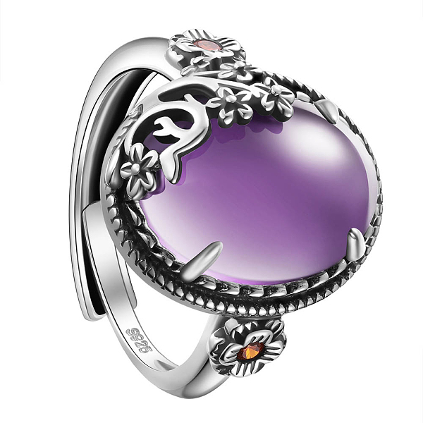 

PandaHall SHEGRACE 925 Sterling Silver Adjustable Rings, with Grade AAA Cubic Zirconia, Oval with Flower, Antique Silver, Purple, US Size 9...