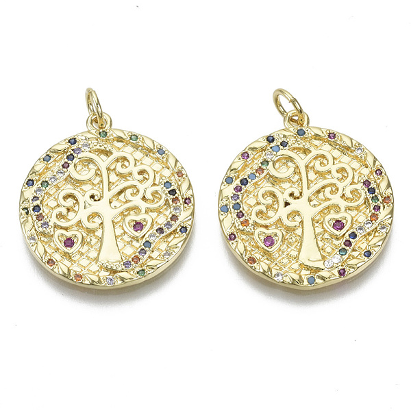 

PandaHall Brass Micro Pave Cubic Zirconia Pendants, Nickel Free, with Jump Rings, Flat Round with Tree of Life, Colorful, Real 18K Gold...