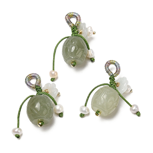 

PandaHall Natural Hetian Jade Pendants, Barrel Charms with Natural Jadeite and Pearl and Brass Beads, Real 14K Gold Plated, 37mm, Hole...