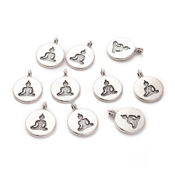 

PandaHall Tibetan Style Alloy Pendants, Flat Round with Buddha, for Buddhist, Antique Silver, 19x15x2mm, Hole: 2mm Alloy Flat Round