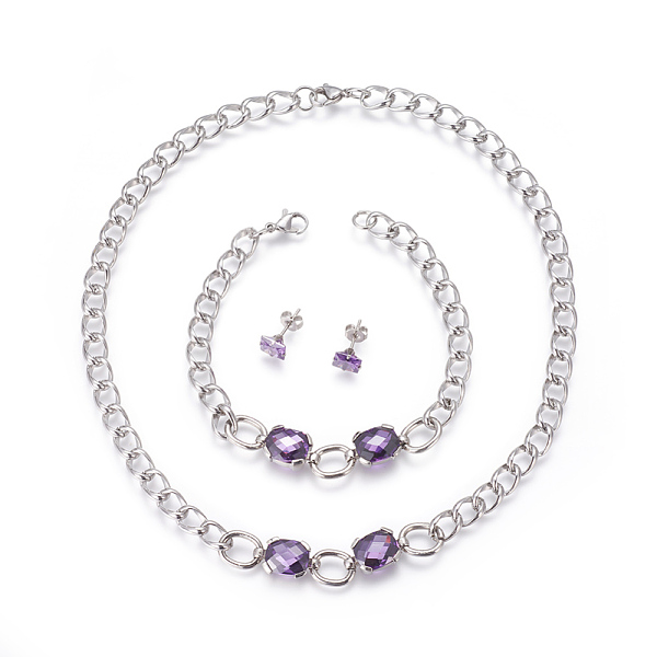 

PandaHall 304 Stainless Steel Stud Earrings & Pendant Necklaces & Link Bracelets Jewelry Sets, with Cubic Zirconia, Lilac, 15.94 inch..., Purple