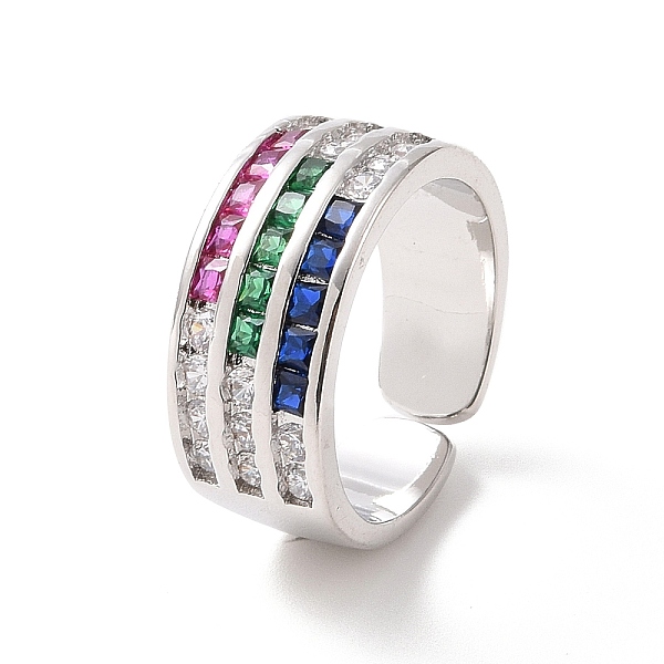 Colorful Cubic Zirconia Triple Line Open Cuff Ring