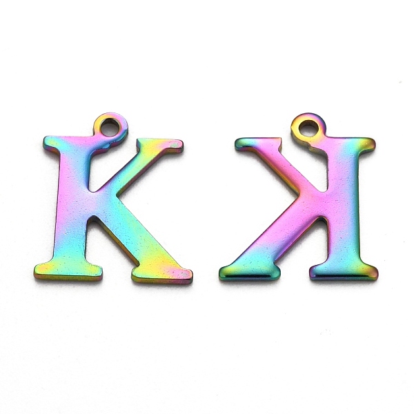 

PandaHall Ion Plating(IP) 304 Stainless Steel Alphabet Charms, Rainbow Color, Letter.K, 12x10x1mm, Hole: 1mm 304 Stainless Steel Letter K