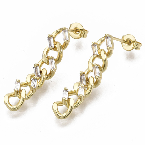 

PandaHall Brass Micro Pave Clear Cubic Zirconia Dangle Stud Earrings, with Ear Nuts, Curb Chain, Nickel Free, Real 18K Gold Plated, 28x6mm...