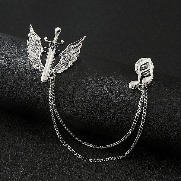 PandaHall Angel's Sword & Music Note Chain Tassel Dangle Brooch Pin, Alloy Rhinestone Badge for Jackets Hats Bags, Platinum, 175mm Alloy