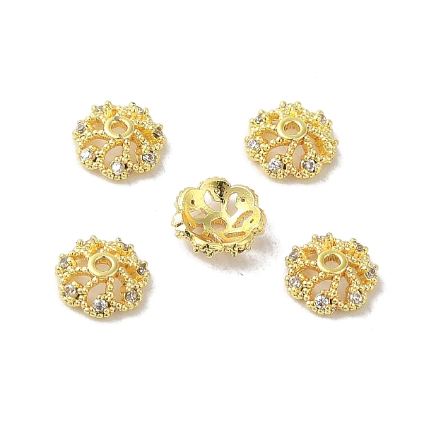

PandaHall Rack Plating Brass Beads Caps, with Clear Cubic Zirconia, Long-Lasting Plated, Lead Free & Cadmium Free, Flower, Real 18K Gold...