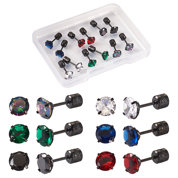 

PandaHall 12Pcs 6 Colors Cubic Zirconia Diamond Stud Earrings, Gunmetal Titanium Steel Jewelry for Women, Mixed Color, 6mm, Pin: 0.9mm..., Multicolor