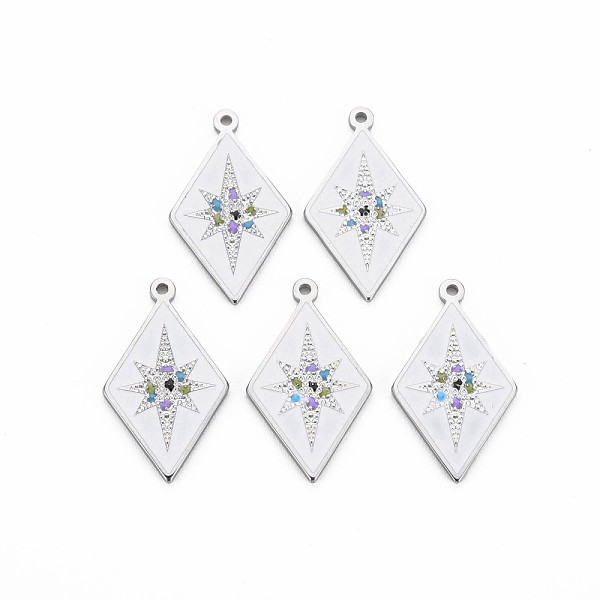 

PandaHall 304 Stainless Steel Enamel Pendants, Stainless Steel Color, Rhombus with 8 Pointed Star, White, 25x14.5x1mm, Hole: 1.2mm Stainless...