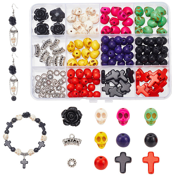 

PandaHall arricraft 177 Pcs Cross and Skull Beads Kits, Synthetic Turquoise Round Loose Beads Cross Beads Alloy Tube Bails Beads Spacer..., Multicolor
