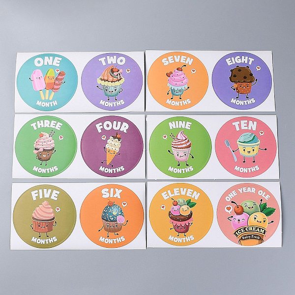 

PandaHall 1~12 Months Number Themes Baby Milestone Stickers, Month Stickers for Baby Girl, Ice Cream Pattern, 10cm, 12pcs/Set Paper Ice...