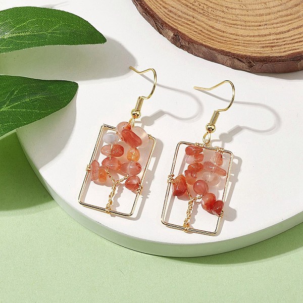 Natural Red Agate Chips Tree Dangle Earrings