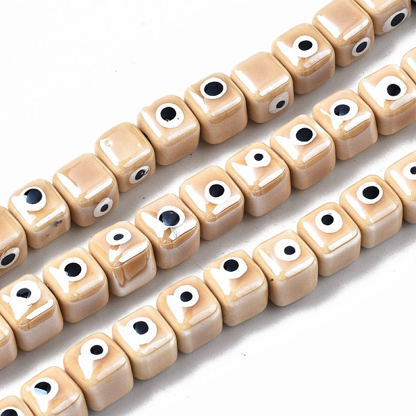 

PandaHall Handmade Porcelain Ceramic Beads Strands, Bright Glazed Porcelain, Cube with Evil Eye, BurlyWood, 9.5x8.5x8.5mm, Hole: 1.5mm..., Orange
