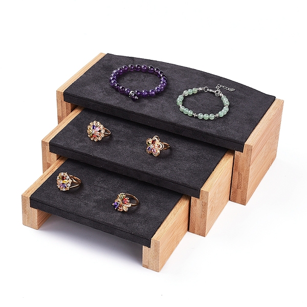 

PandaHall Bamboo Display Risers, Jewelry Display Riser Shelf Showcase Fixtures, 3 Showcase Shelf, with Microfiber Cloth, Gray, L: 24x12x8cm...