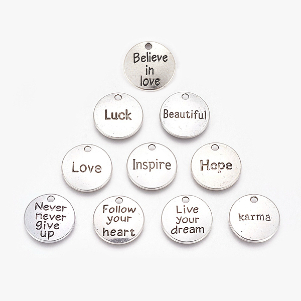 

PandaHall Tibetan Style Alloy Pendants, Flat Round with Word, Antique Silver, 20x2mm, Hole: 2mm, 10pcs/set Alloy Flat Round