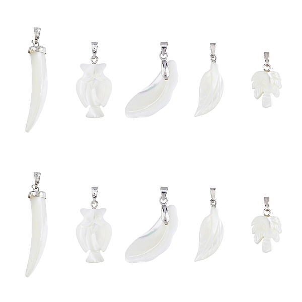 

PandaHall SUPERFINDINGS 10Pcs 5 Style Natural Trochid Shell/Trochus Shell Pendants, with Platinum Tone Iron Snap on Bails, Feather & Owl &...