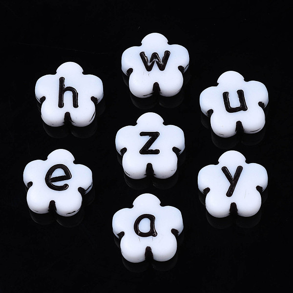 

PandaHall Opaque Acrylic Beads, Flower, White & Black, Random Mixed Letters, 11x11x4mm, Hole: 1.8mm, about 2200pcs/500g Acrylic Letter White