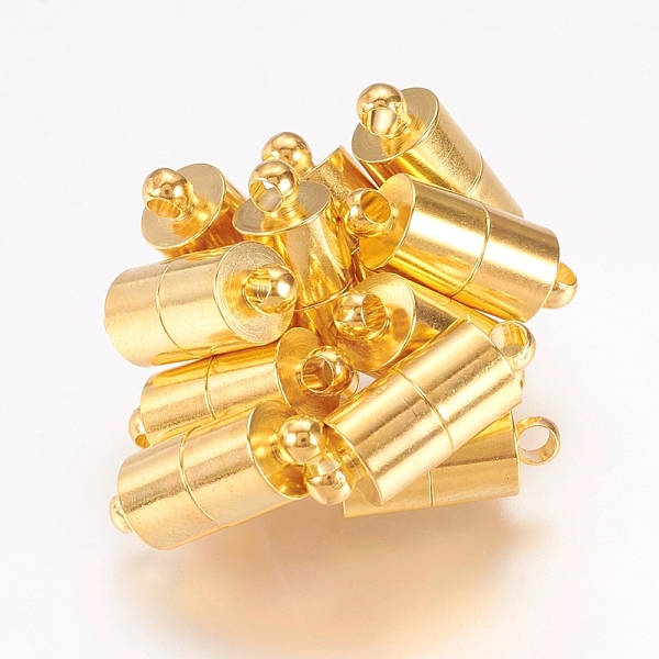 

PandaHall Brass Magnetic Clasps with Loops, Nickel Free, Column, Golden, 16x6mm, Hole: 1.5mm Brass Column