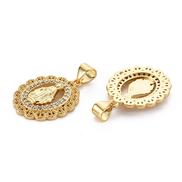 

PandaHall Brass Micro Pave Cubic Zirconia Pendants, Nickel Free, Oval with Virgin, Real 16K Gold Plated, 21.5x17x3mm, Hole: 3x5mm..., Clear