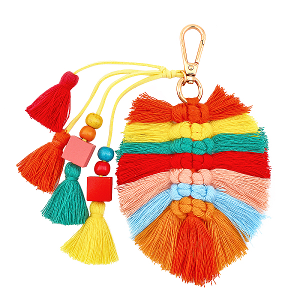 

PandaHall Bohemian Tassel Pendant Decoration, Knitting Leaf Cloth Charms, for Woman Bag Ornament, Colorful, 19.2~20.2cm Alloy Leaf