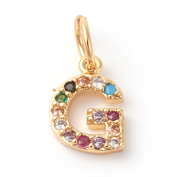 

PandaHall Brass Micro Pave Colorful Cubic Zirconia Charms, Golden, Letter.G, 9x6.5x2mm, Hole: 3mm Brass+Cubic Zirconia Letter G