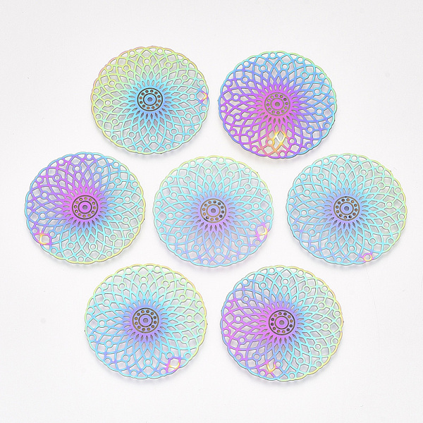 

PandaHall Ion Plating(IP) 304 Stainless Steel Filigree Joiners Links, Etched Metal Embellishments, Flat Round, Rainbow Color, 35x0.2mm, Hole...