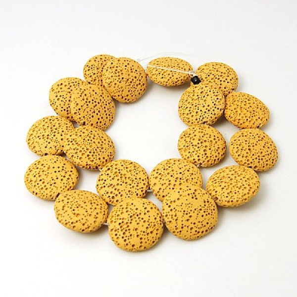 

PandaHall Natural Lava Rock Beads Strands, Dyed, Flat Round, Gold, 21x6mm, Hole: 1mm Lava Rock Flat Round Gold