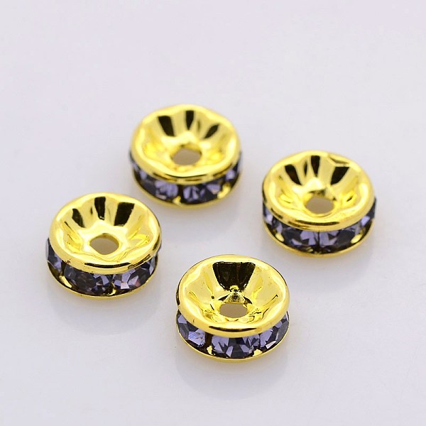 

PandaHall Brass Rhinestone Spacer Beads, Grade A, Straight Flange, Golden Metal Color, Rondelle, Tanzanite, 8x3.8mm, Hole: 1.5mm..., Purple